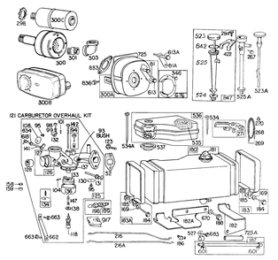 Carb, Fuel Tank, A/C, Muffler Diagram and Parts List for 190707-0793-XX  Briggs and Stratton Engine